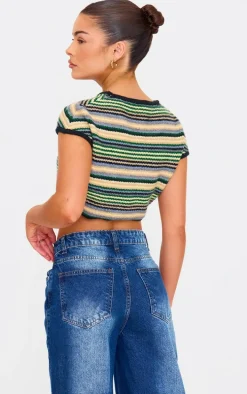 Multi Stripe Textured Knit Basic Crop Top