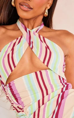 Multi Stripe Textured Wrap Neck Ruched Bodycon Dress