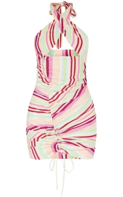 Multi Stripe Textured Wrap Neck Ruched Bodycon Dress
