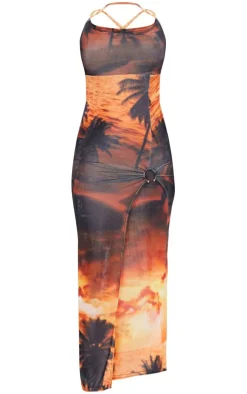 Multi Sunset Print Lace Back Ring Skirt Detail Maxi Dress
