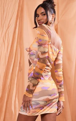 Multi Swirl Tile Print Mesh Tie Front Cut Out Bodycon Dress