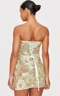 Multi Tapestry Bandeau Lace Up Back Bodycon Dress