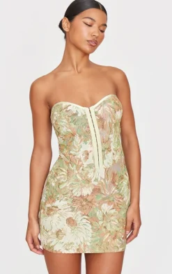 Multi Tapestry Bandeau Lace Up Back Bodycon Dress