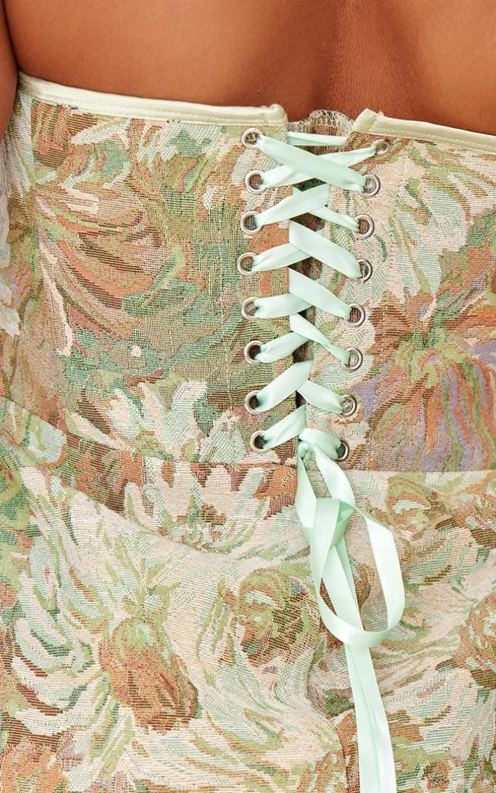 Multi Tapestry Bandeau Lace Up Back Bodycon Dress