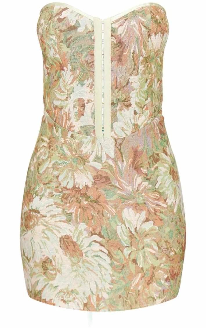 Multi Tapestry Bandeau Lace Up Back Bodycon Dress