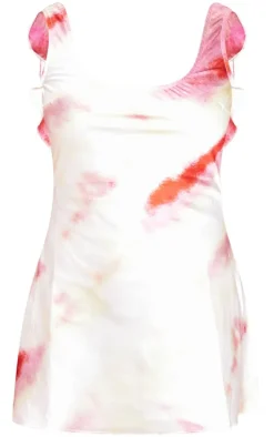 Multi Tie Dye Print Satin Frill Detail Low Back Shift Dress