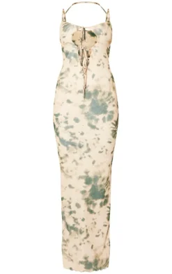 Multi Tie Dye Print Tie Detail Mesh Maxi Dress