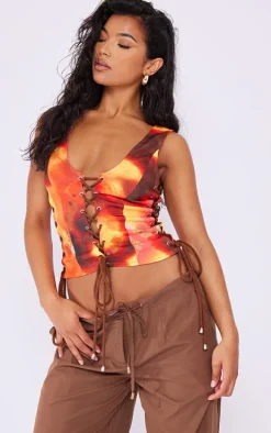 Multi Tie Dye Print Woven Lace Up Detail Plunge Sleeveless Top