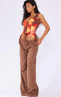 Multi Tie Dye Print Woven Lace Up Detail Plunge Sleeveless Top