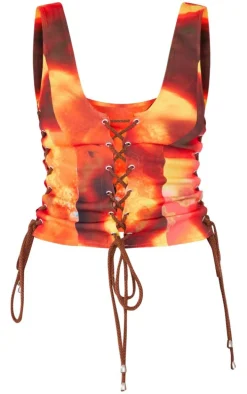 Multi Tie Dye Print Woven Lace Up Detail Plunge Sleeveless Top