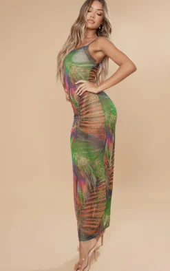 Multi Tropical Print Mesh Strappy Midaxi Dress