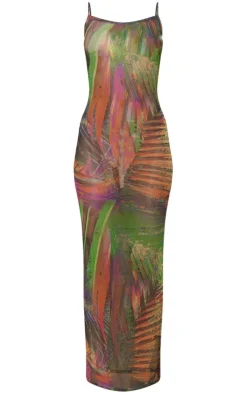 Multi Tropical Print Mesh Strappy Midaxi Dress