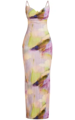 Multi Watercolour Plisse Strappy Maxi Dress