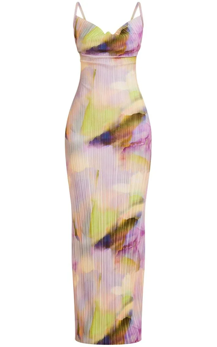 Multi Watercolour Plisse Strappy Maxi Dress