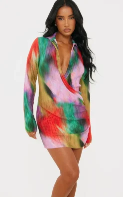 Multi Watercolour Print Plisse Plunge Drape Shirt Dress