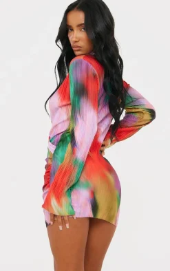 Multi Watercolour Print Plisse Plunge Drape Shirt Dress