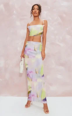 Multi Watercolour Print Plisse Maxi Skirt