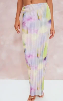 Multi Watercolour Print Plisse Maxi Skirt