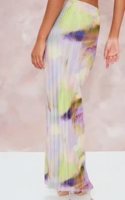 Multi Watercolour Print Plisse Maxi Skirt