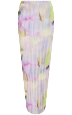Multi Watercolour Print Plisse Maxi Skirt