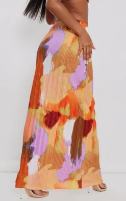 Multi Watercolour Printed Plisse Maxi Skirt