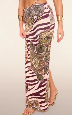 Multi Zebra Paisley Print Slinky Tie Maxi Skirt