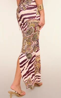 Multi Zebra Paisley Print Slinky Tie Maxi Skirt