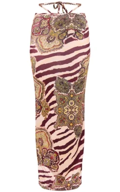 Multi Zebra Paisley Print Slinky Tie Maxi Skirt
