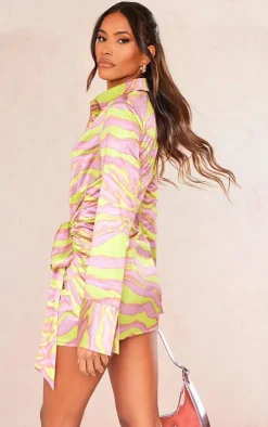 Multi Zebra Print Satin Tie Detail Shirt Dress