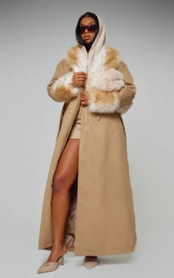 Mushroom Faux Fur Trim Contrast Wool Look Maxi Coat