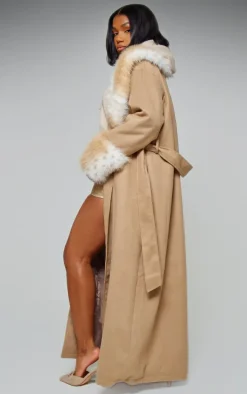 Mushroom Faux Fur Trim Contrast Wool Look Maxi Coat