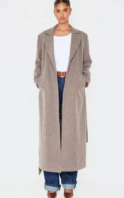 Mushroom Herringbone Self Tie Maxi Coat