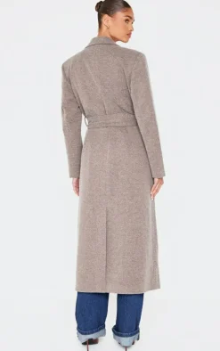 Mushroom Herringbone Self Tie Maxi Coat