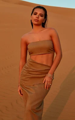 Mushroom Linen Look Bandeau Crop Top