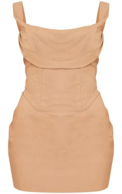 Mushroom Linen Look Draped Bardot Corset Bodycon Dress