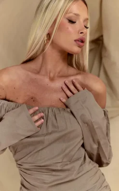 Mushroom Linen Look Ruched Bardot Bodycon Dress