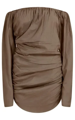 Mushroom Linen Look Ruched Bardot Bodycon Dress