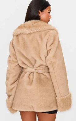 Mushroom Plush Faux Fur Self Tie Coat