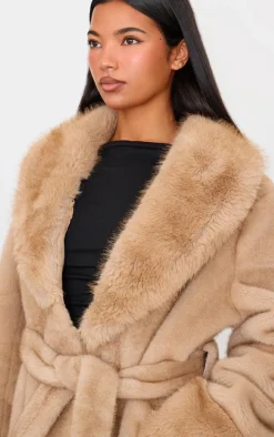 Mushroom Plush Faux Fur Self Tie Coat