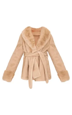 Mushroom Plush Faux Fur Self Tie Coat