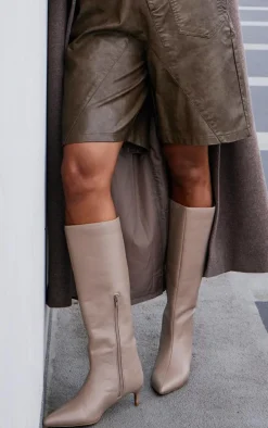 Mushroom PU Point Toe Low Stiletto Knee High Heeled Boots