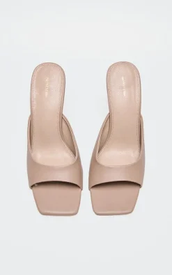Mushroom PU Square Toe High Stiletto Heeled Mules