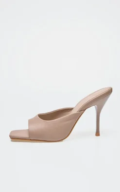 Mushroom PU Square Toe High Stiletto Heeled Mules