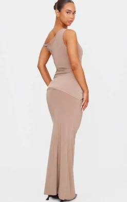 Mushroom Slinky Off Shoulder Wrap Detail Maxi Dress