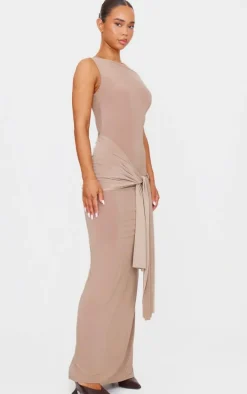 Mushroom Slinky Off Shoulder Wrap Detail Maxi Dress