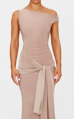 Mushroom Slinky Off Shoulder Wrap Detail Maxi Dress