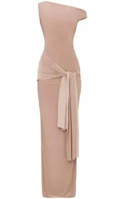 Mushroom Slinky Off Shoulder Wrap Detail Maxi Dress
