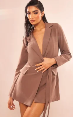Mushroom Woven Wrap Tie Blazer Dress