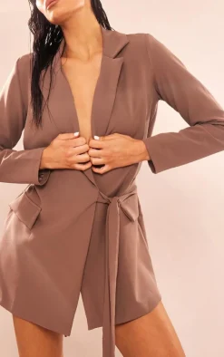 Mushroom Woven Wrap Tie Blazer Dress