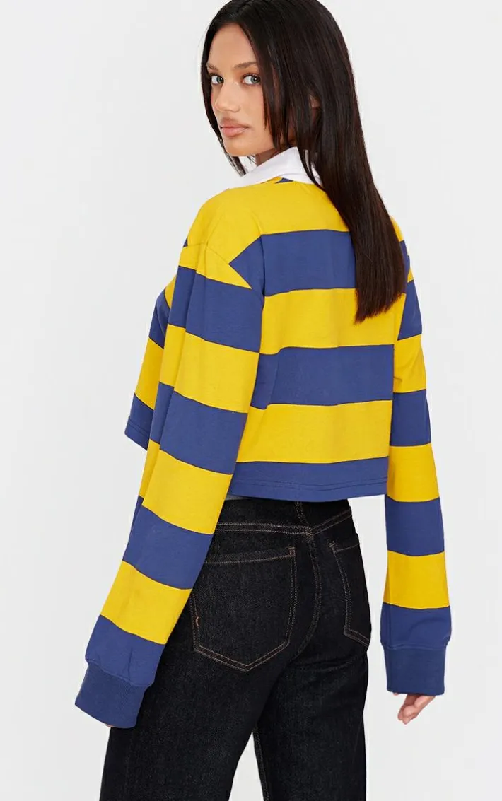 Mustard Chunky Striped Collared Cropped Long Sleeve Top